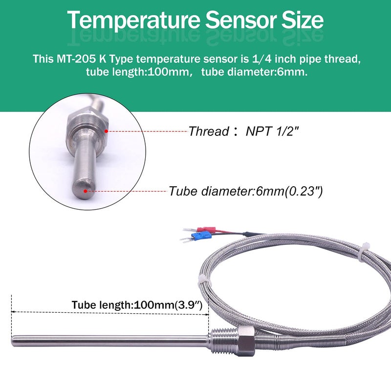 Twidec /2M NPT 1/4" inch (6X100MM) Pipe Thread Temperature Sensor Probe Two Wire Temperature Controller (0~600℃) 304 Stainless Steel K Type Thermocouple MT-205-1/4 - Image 2